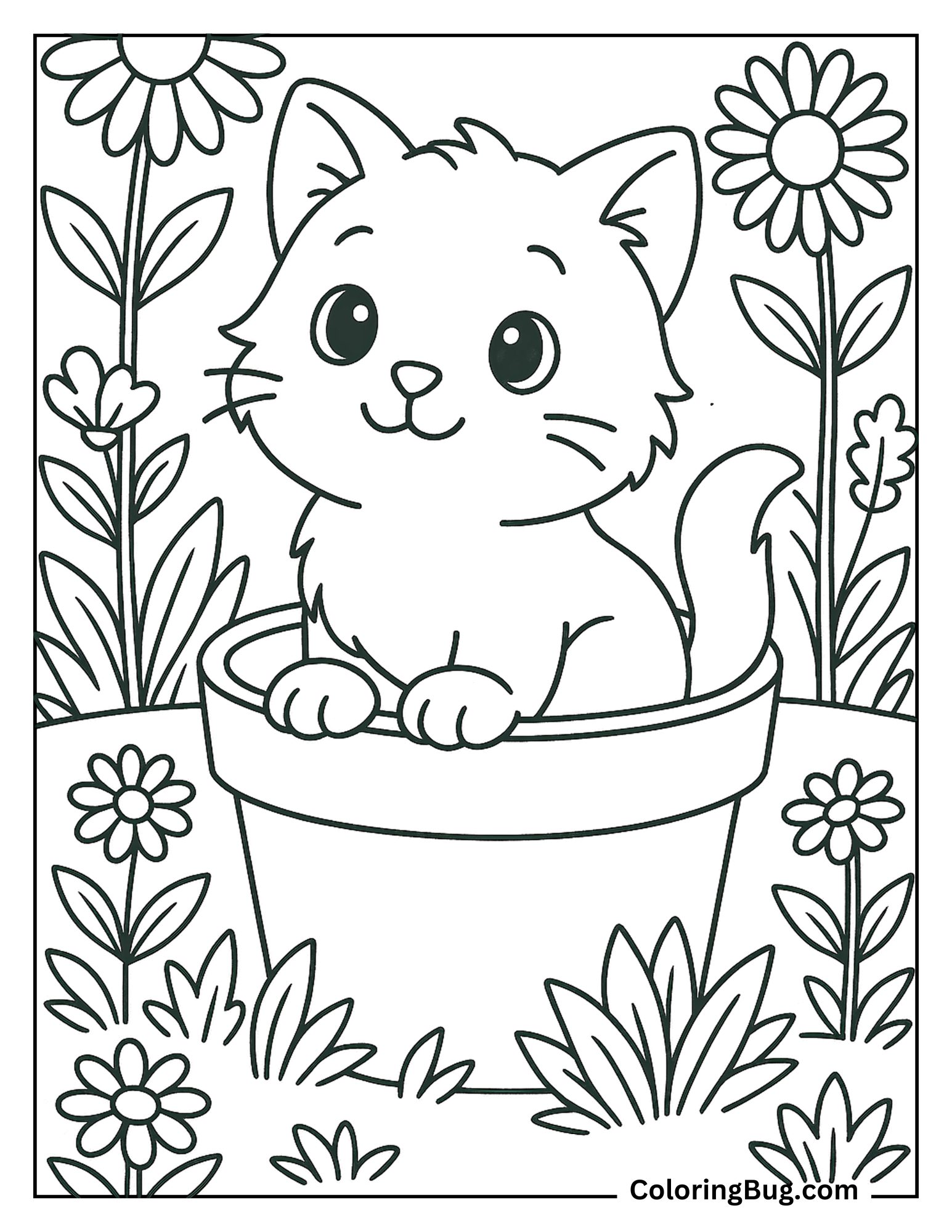 Kitten Sitting Inside Flower Pot Coloring Sheet