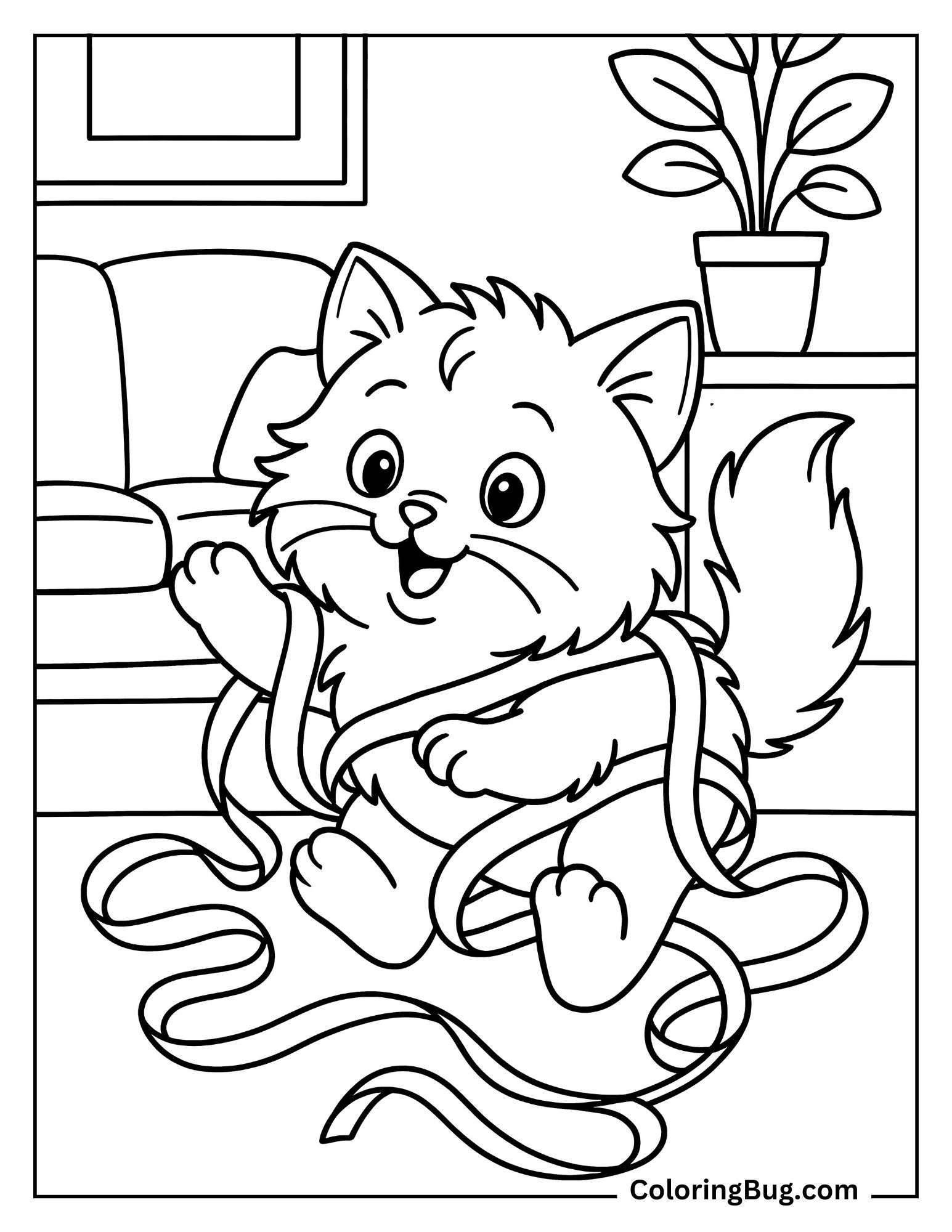 Kitten Tangled in a Ribbon coloring Sheet