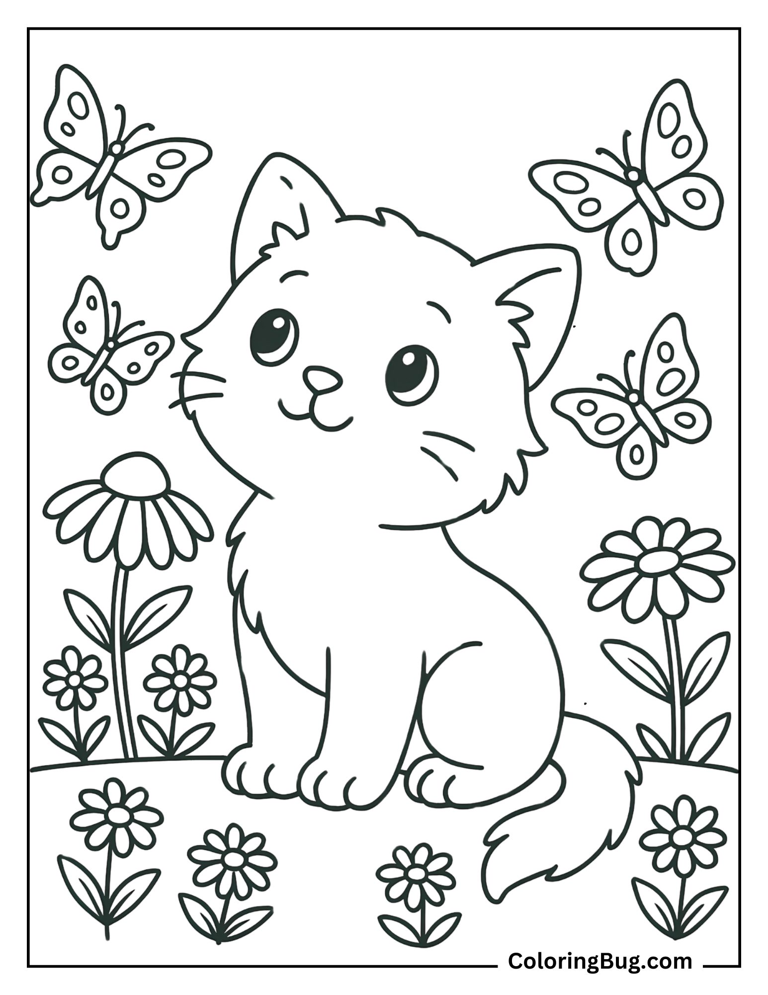Kitten Watching Butterflies Flying Coloring Sheet