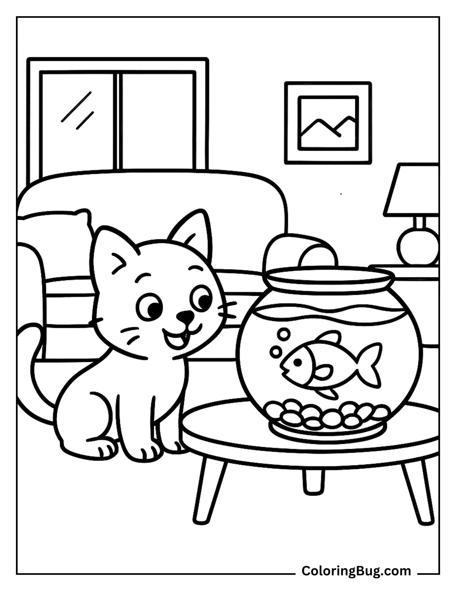 Kitten Watching Fish in an Bowl coloring Sheet
