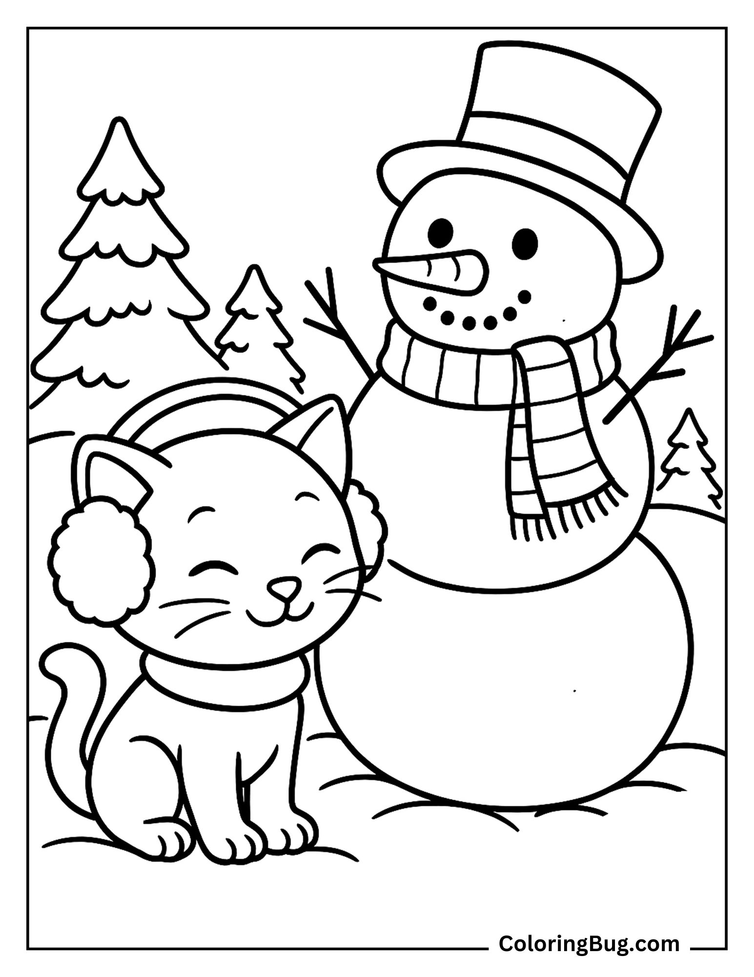 Kitten Wearing Earmuffs Near a Snowman Coloring Sheet