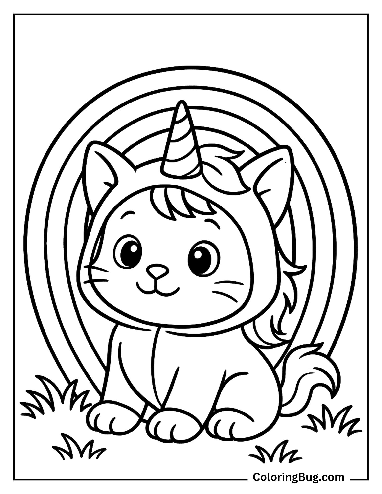 Kitten Wearing Unicorn Costume With Rainbow Coloring Sheet