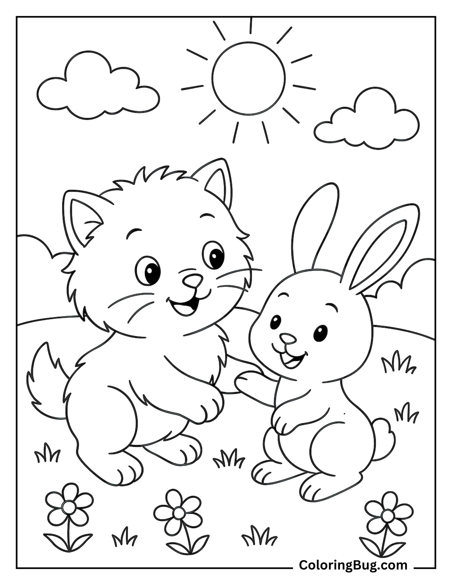 Kitten With Bunny in Meadow coloring Sheet