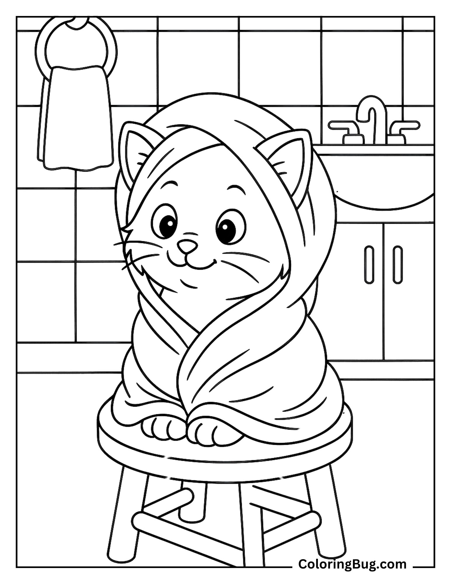 Kitten Wrapped in a Towel on a Stool coloring Sheet