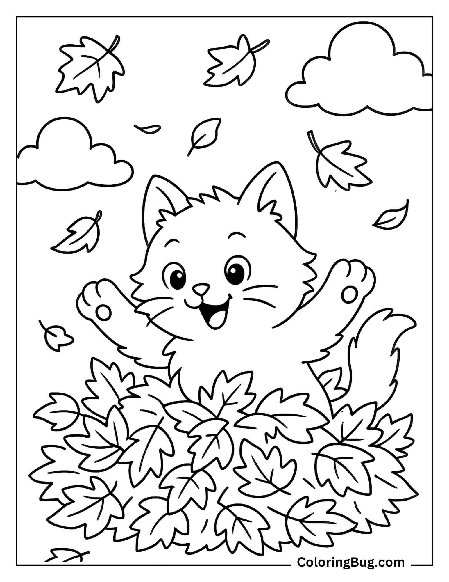 Kitten in a Pile of Autumn Leaves Coloring Sheet