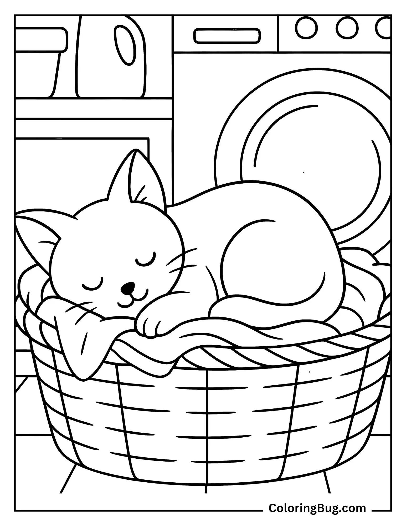 Korat Kitten Curled up Inside a Basket of Laundry coloring Sheet