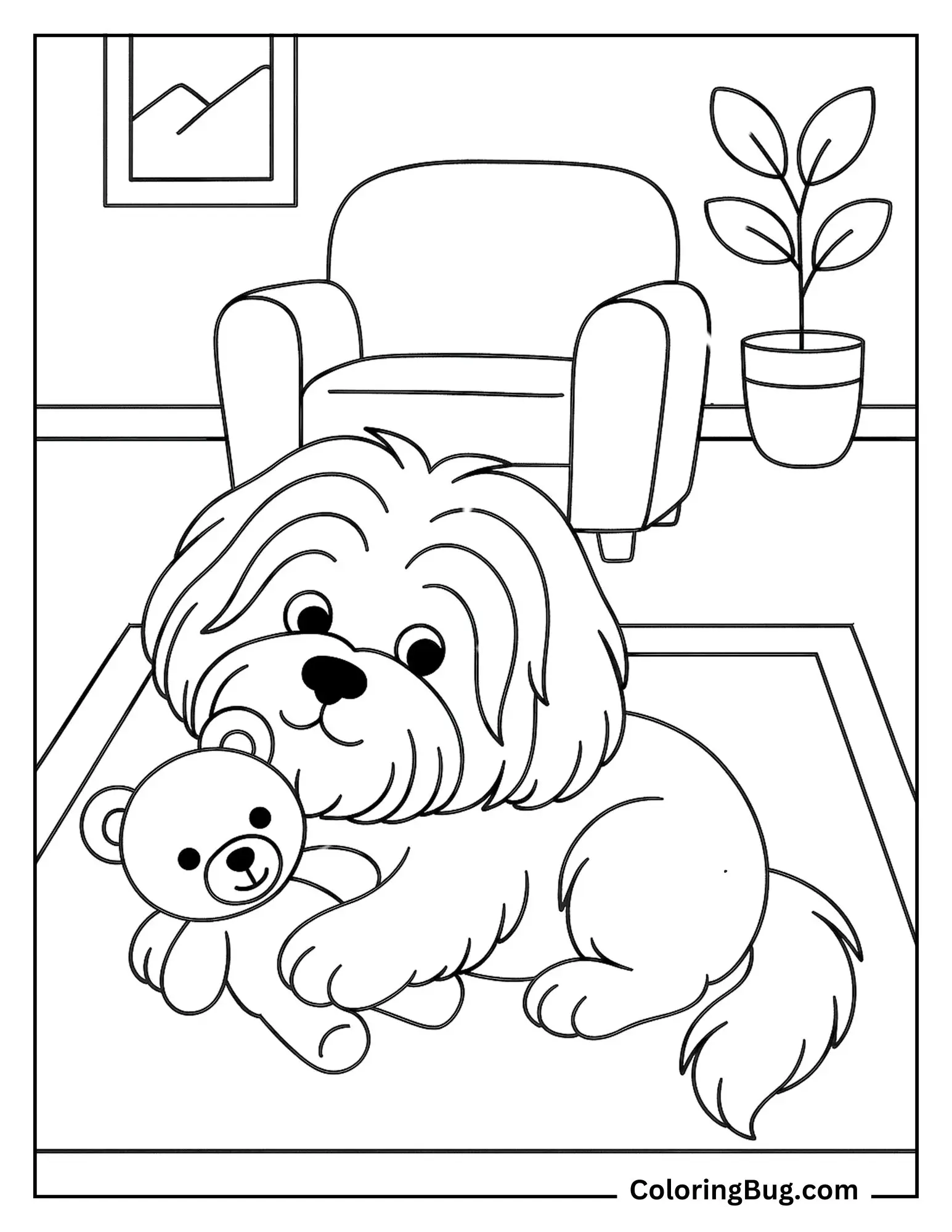 Lhasa Apso Puppy Cuddling With a Stuffed Toy Coloring Sheet