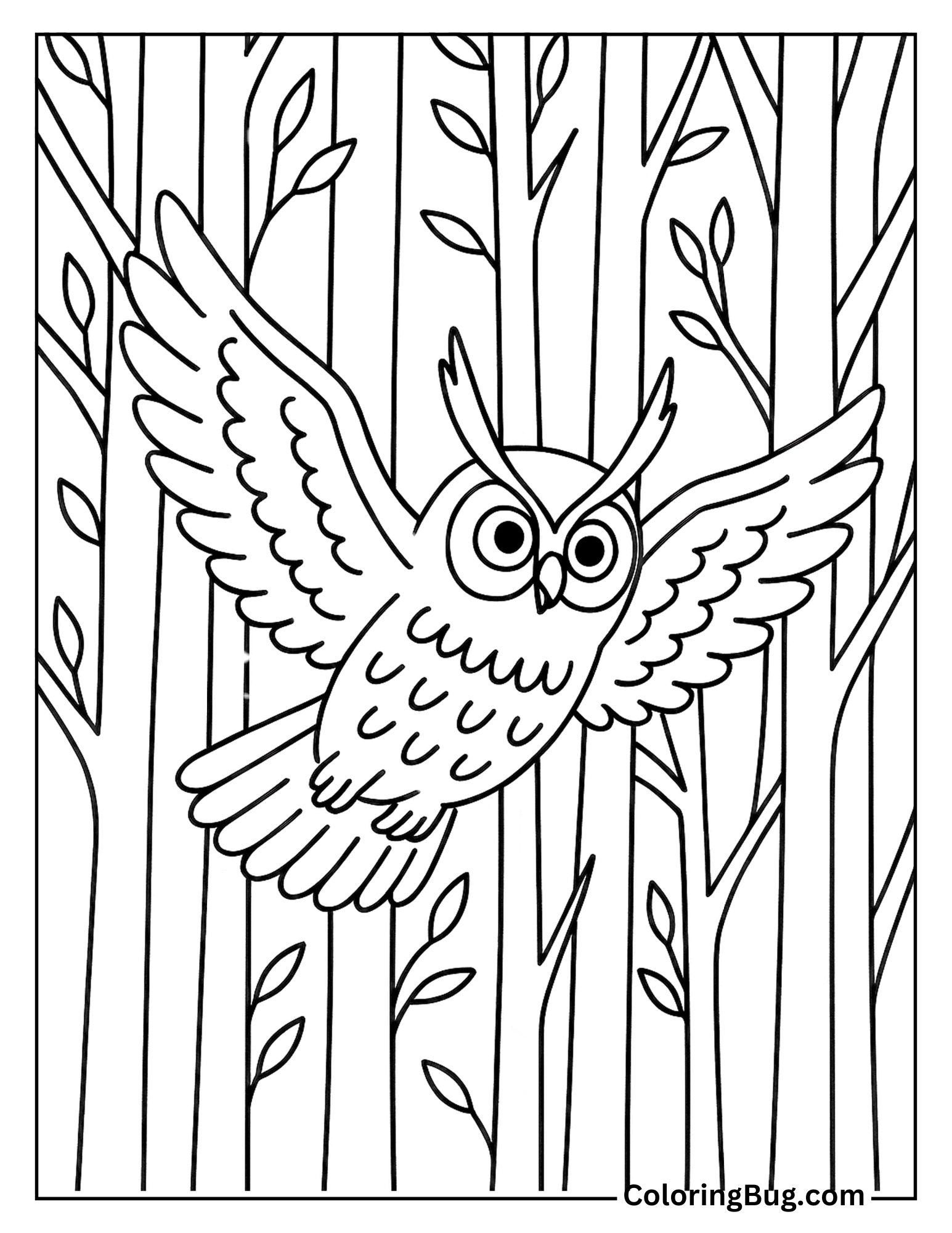 Long-Eared Owl Gliding Through Forest Trees Coloring Sheet