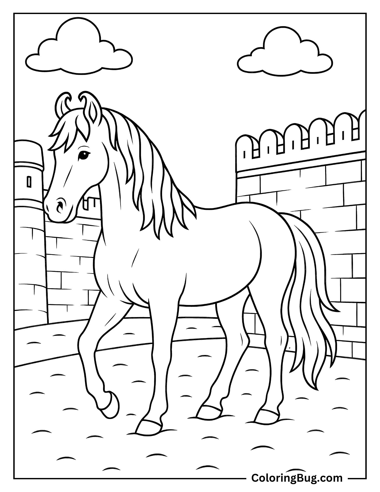 Marwari Horse With Curled Ears Walking Near Fort Coloring Sheet
