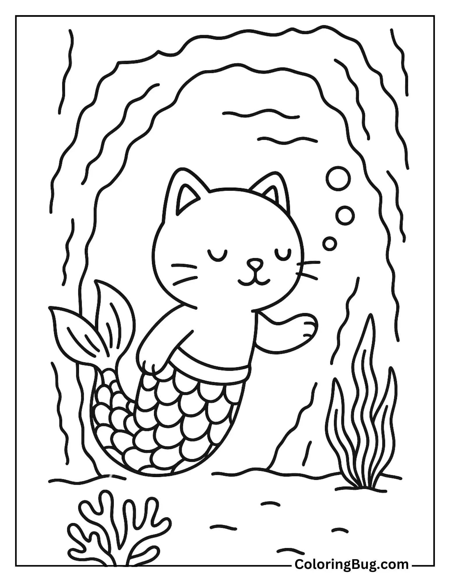 Mermaid Cat Exploring Underwater Caves Coloring Sheet