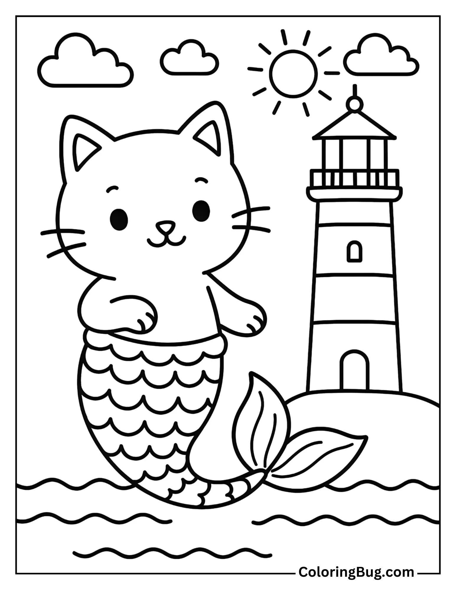 Mermaid Cat Floating Near a Lighthouse Coloring Sheet