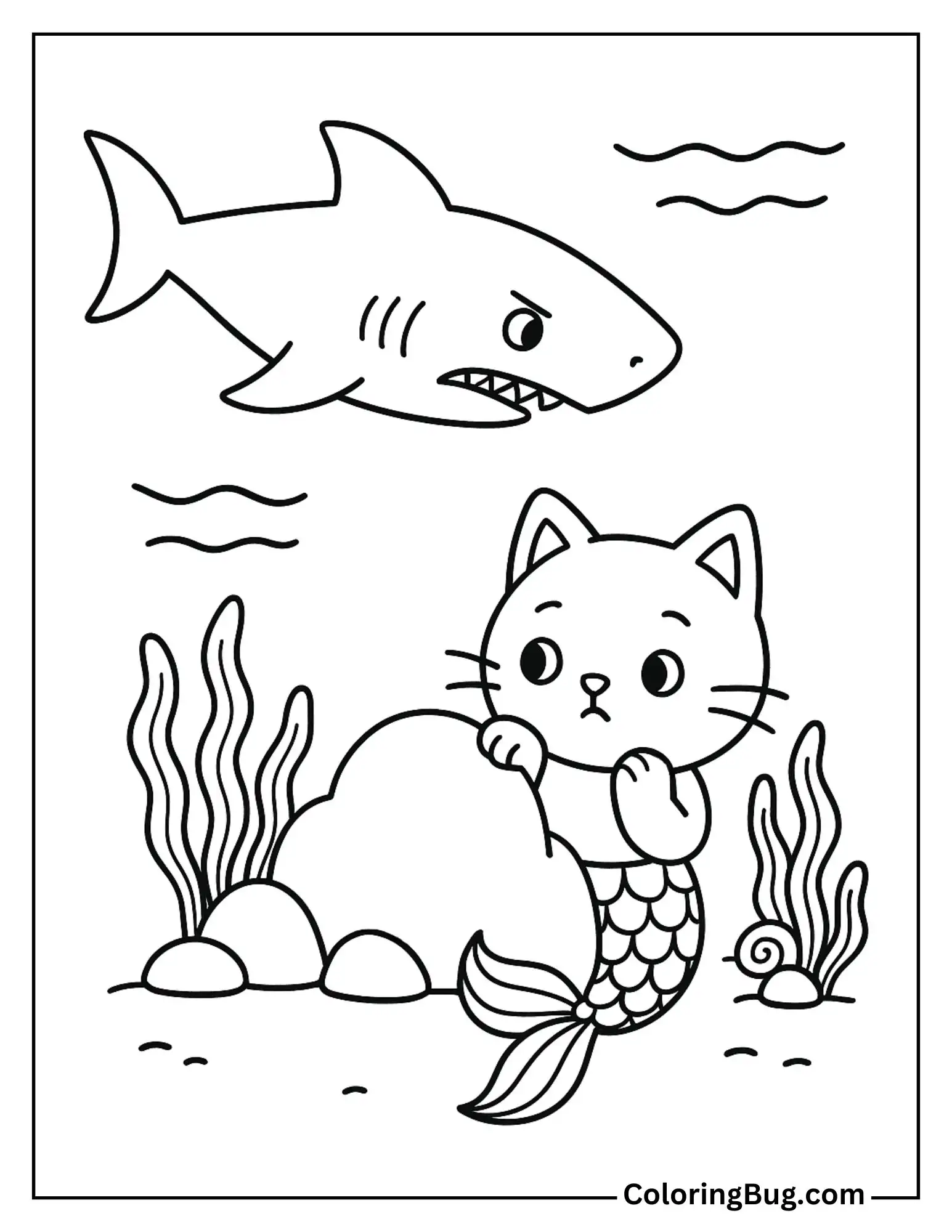 Mermaid Cat Hiding From a Big Shark Coloring Sheet