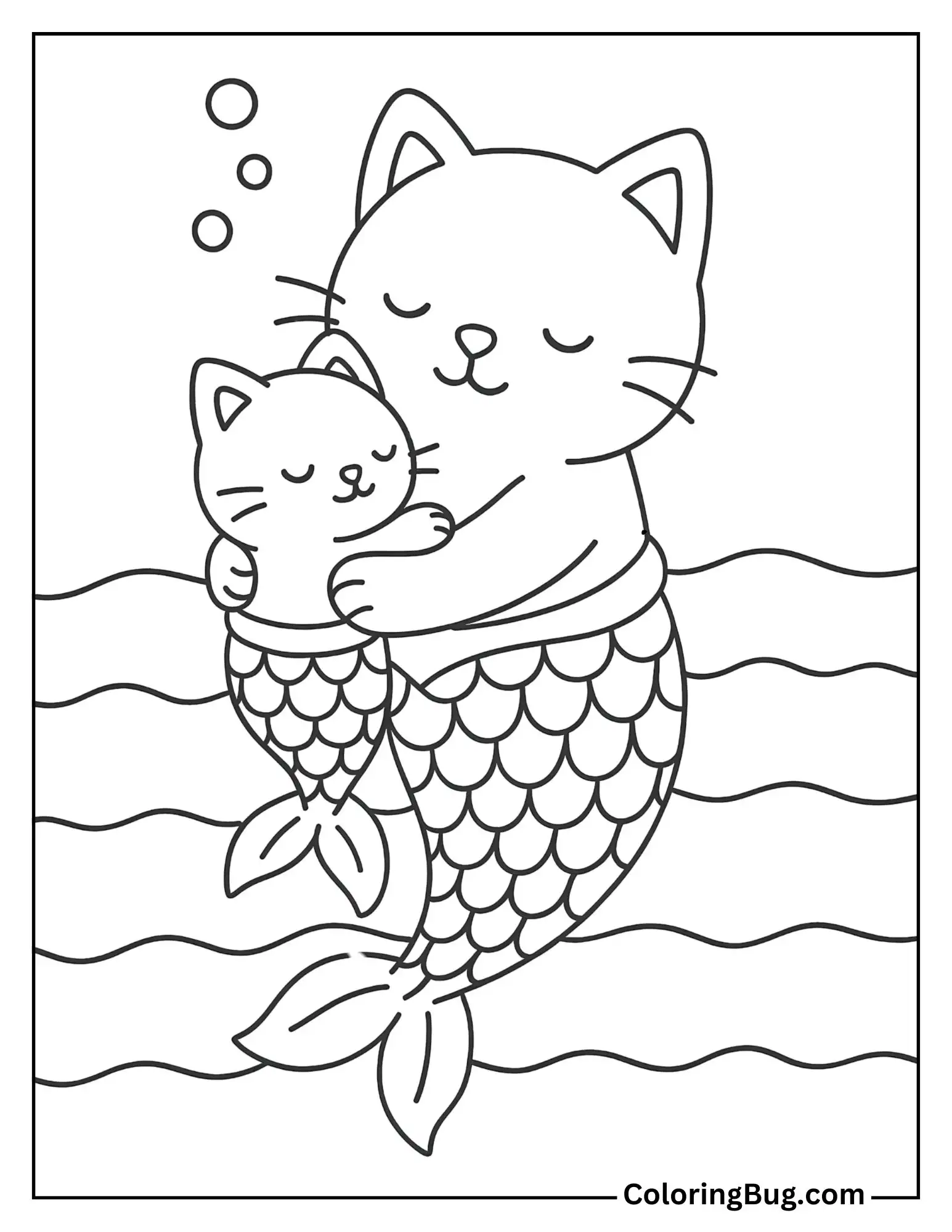 Mermaid Cat Hugging a Baby Mermaid Cat Coloring Sheet