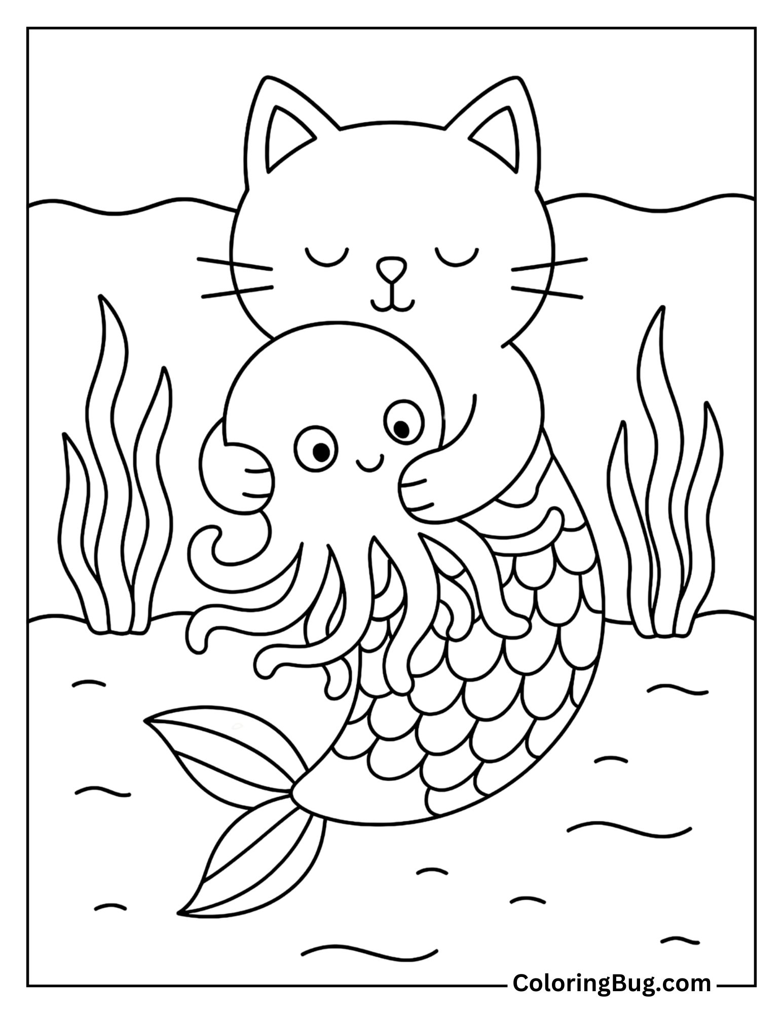 Mermaid Cat Hugging an Octopus Coloring Sheet