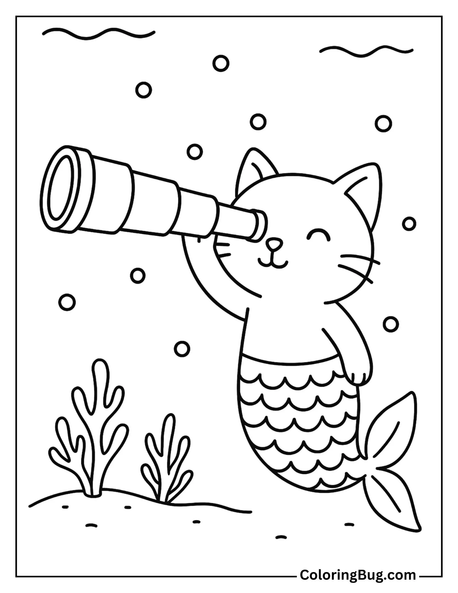 Mermaid Cat Looking Through a Spyglass Coloring Sheet