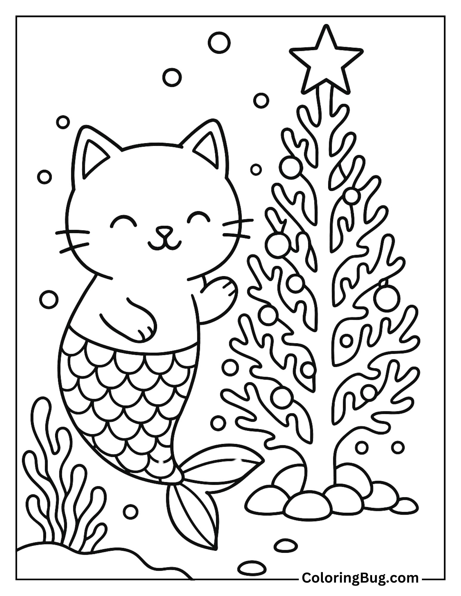 Mermaid Cat Next to a Coral Christmas Tree Coloring Sheet