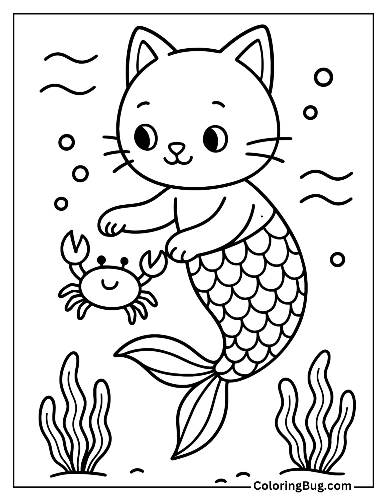 Mermaid Cat Rescuing a Baby Crab Coloring Sheet