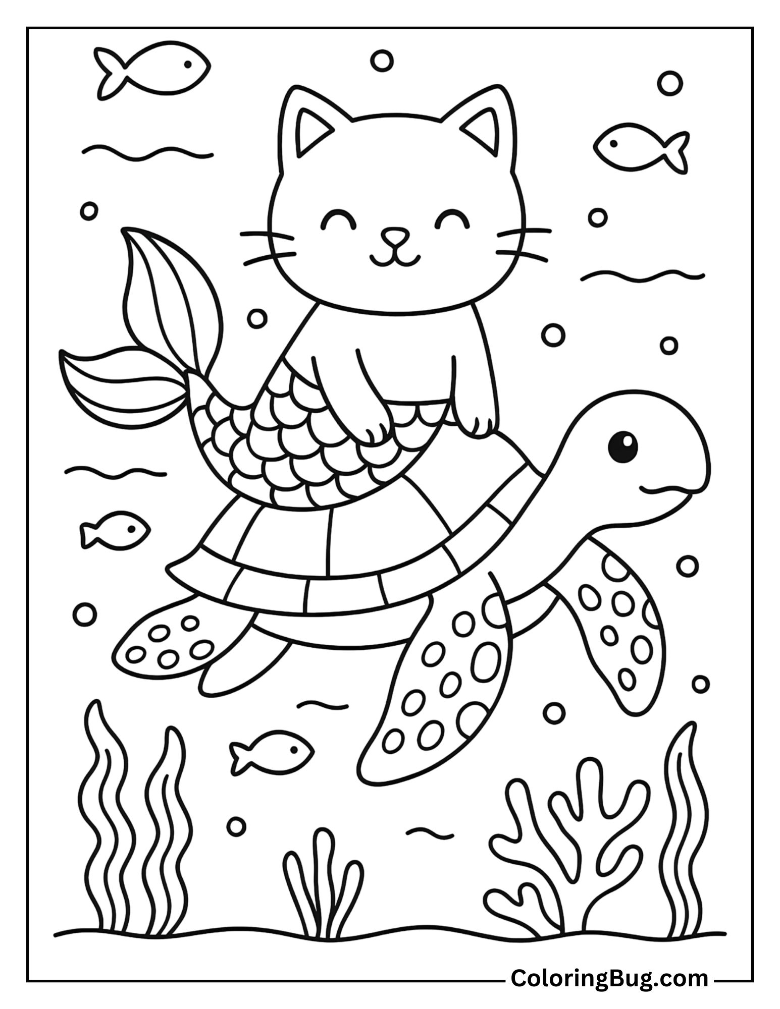 Mermaid Cat Riding a Sea Turtle Coloring Sheet