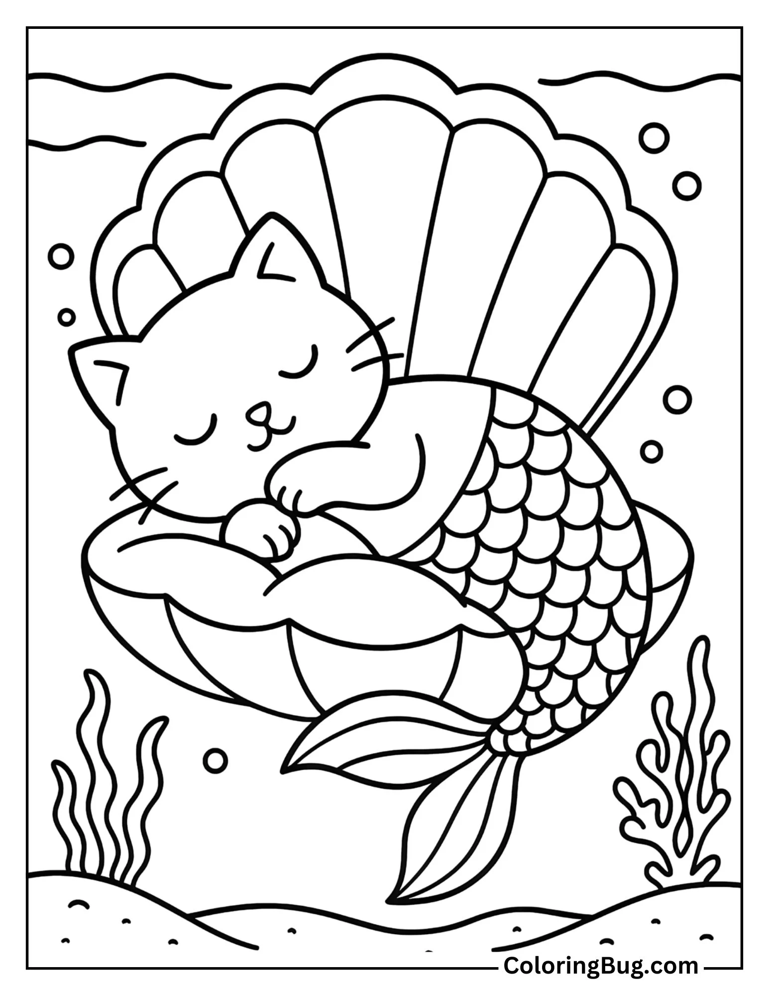 Mermaid Cat Sleeping in a Clamshell Bed Coloring Sheet