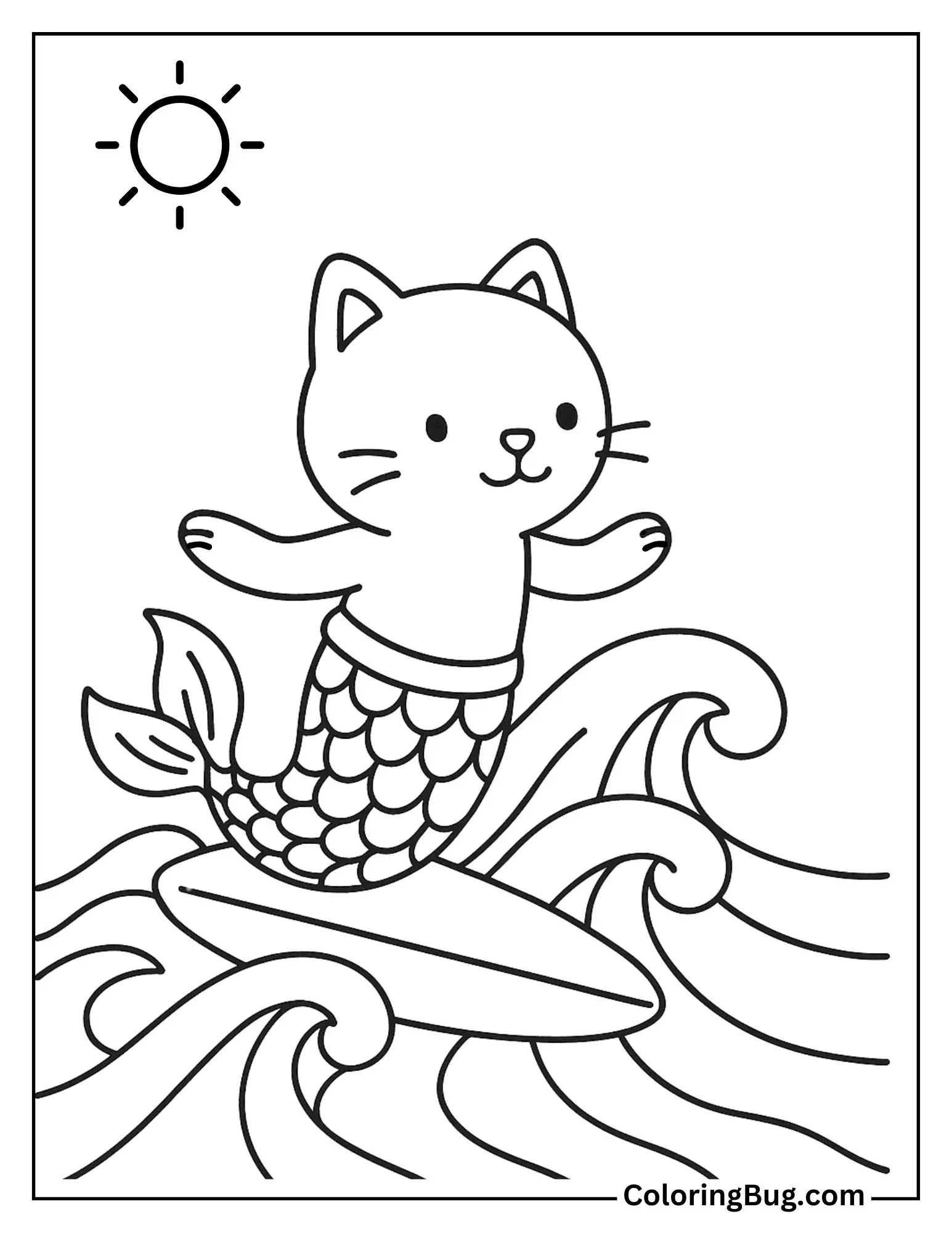 Mermaid Cat Surfing on Waves Coloring Sheet