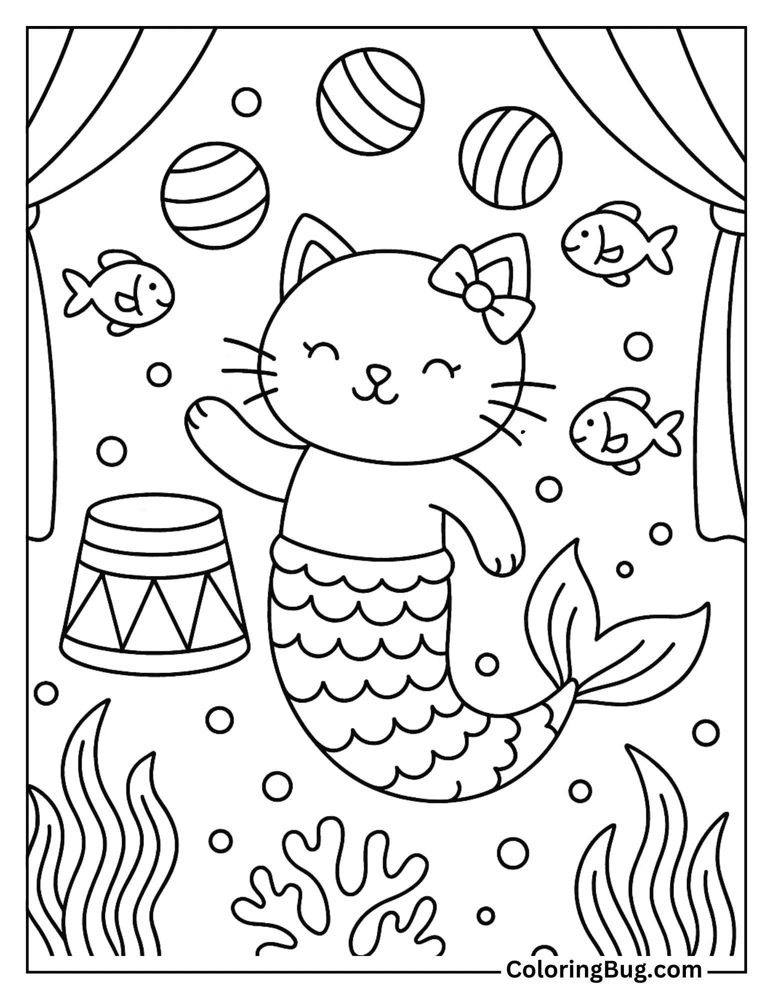 Mermaid Cat in an Underwater Circus Coloring Sheet