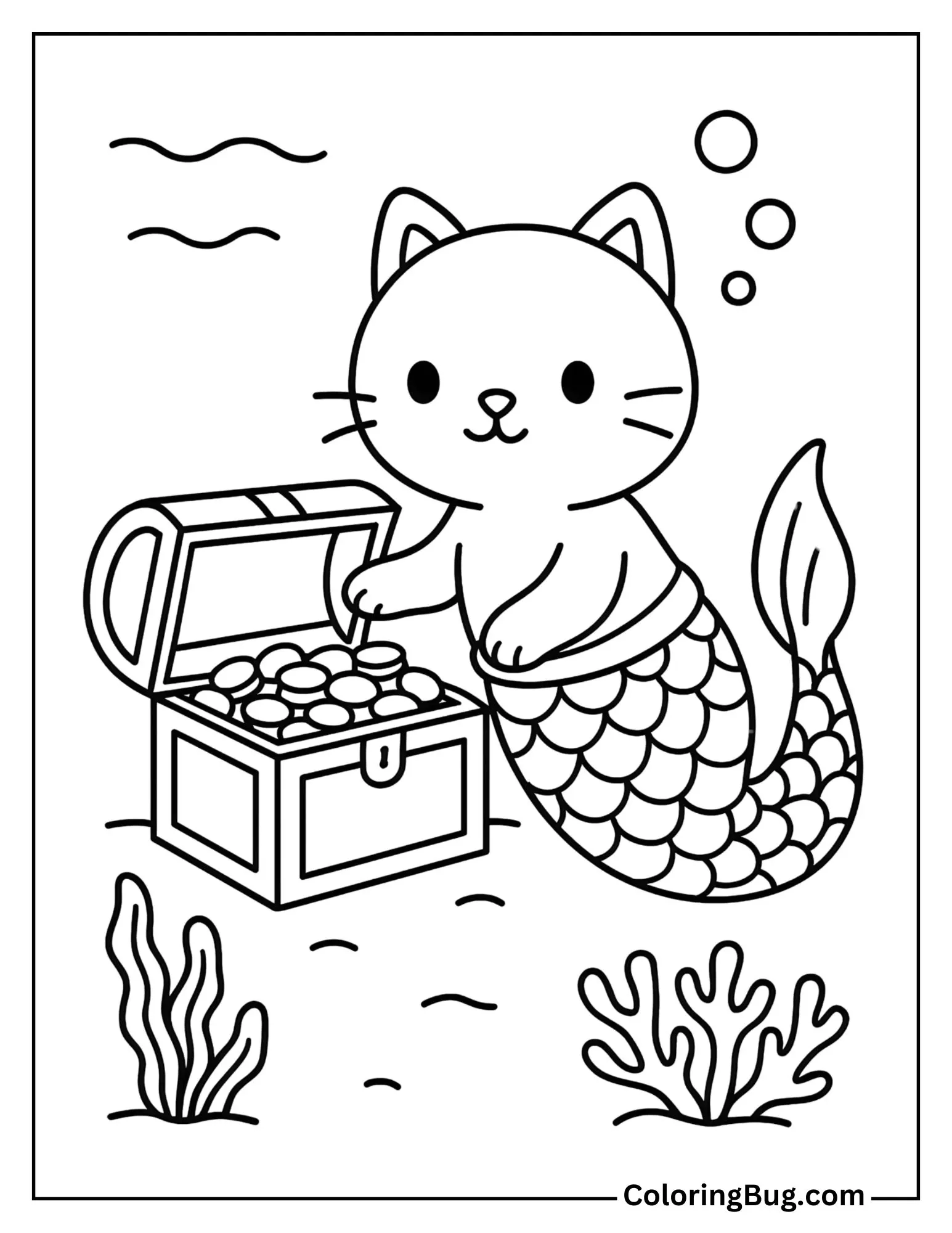 Mermaid Cat with Underwater Treasure Box Coloring Sheet