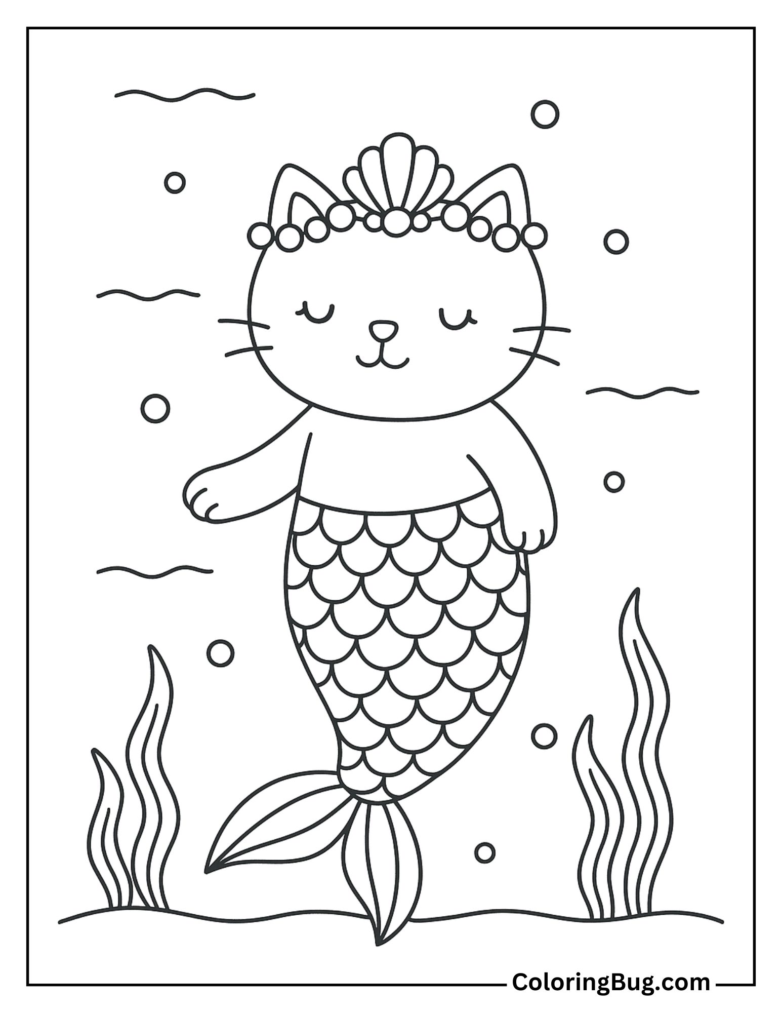 Mermaid Cat with a Crown of Shells and Pearls Coloring Sheet