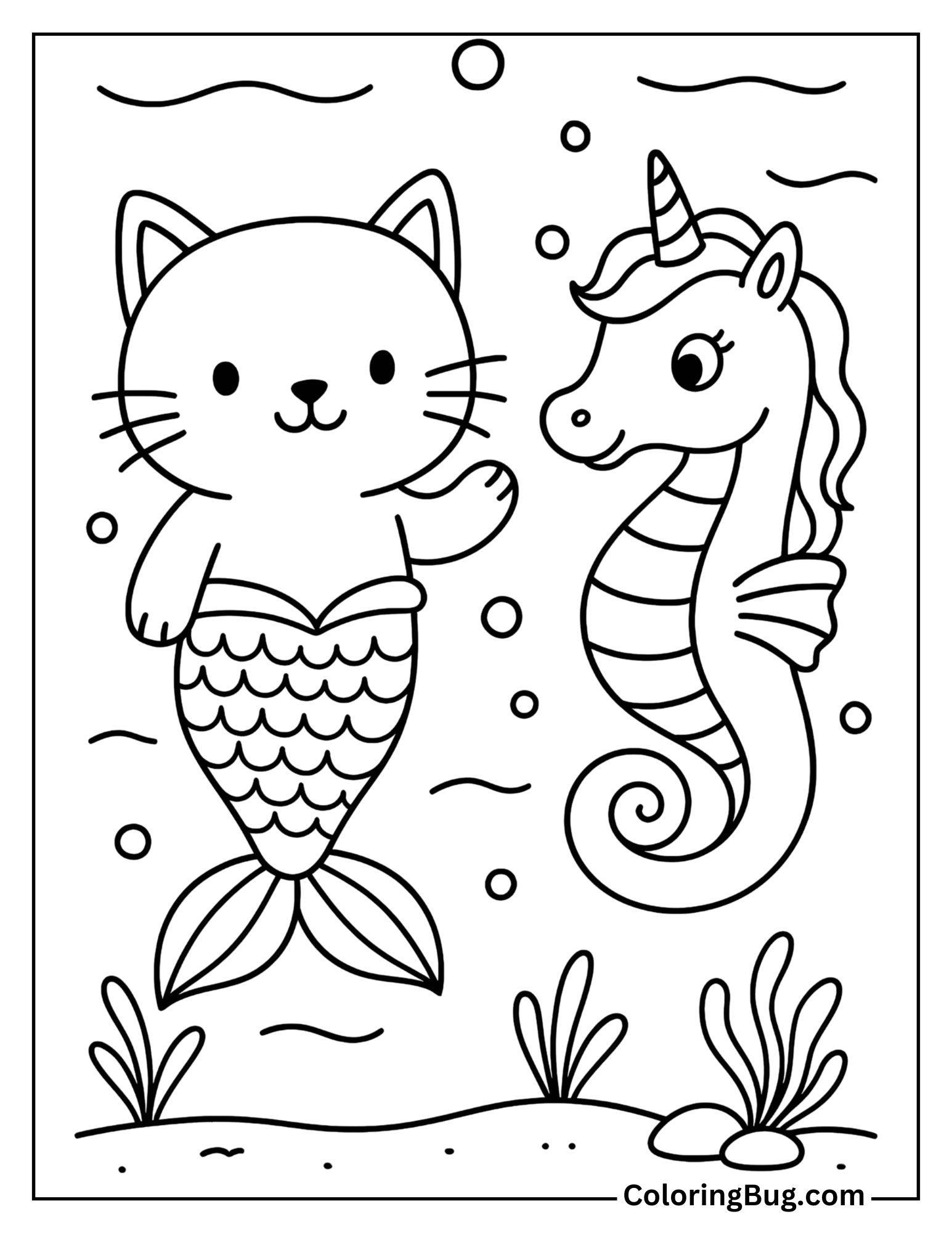 Mermaid Cat with a Unicorn Seahorse Friend Coloring Sheet