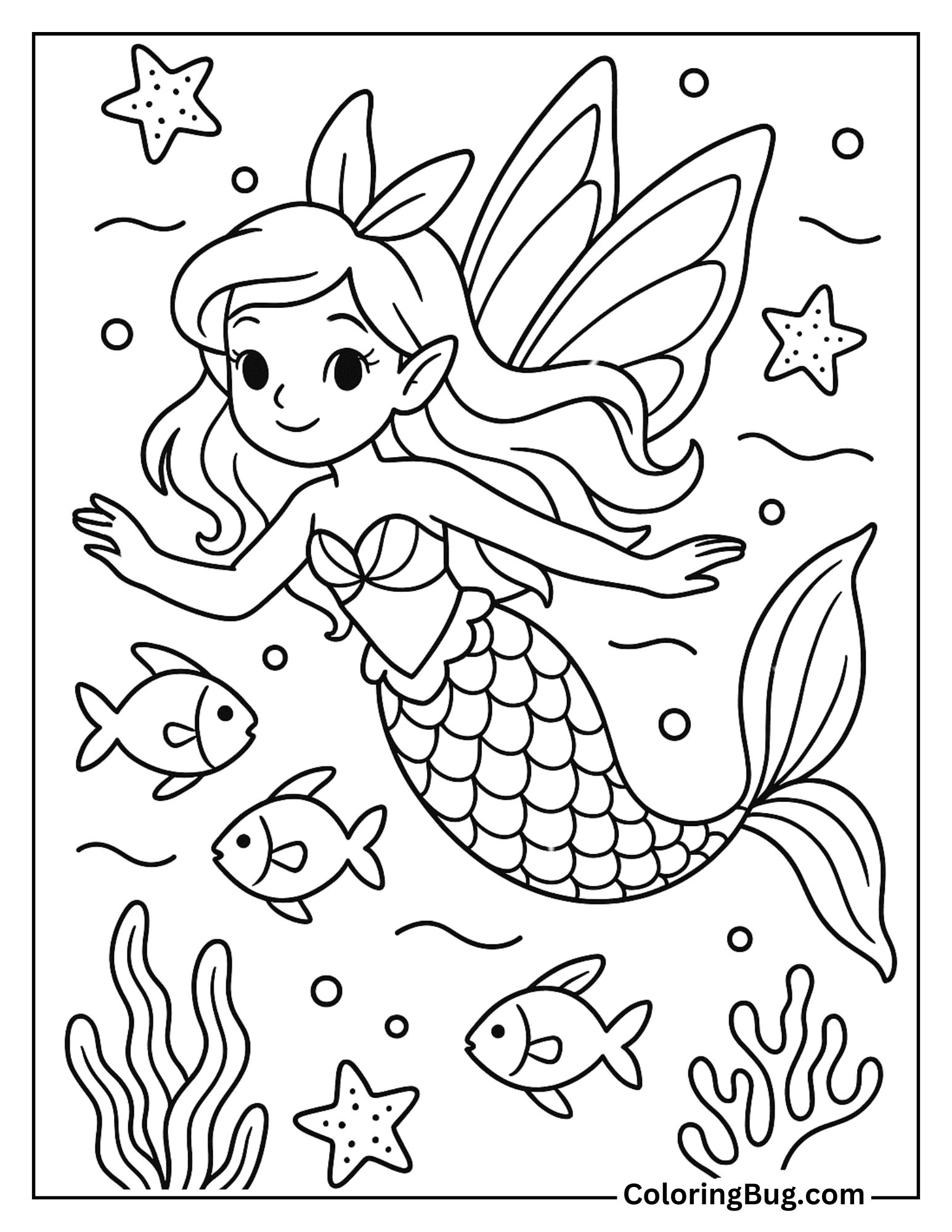 Mermaid Fairy Swimming with Fishes Coloring Sheet