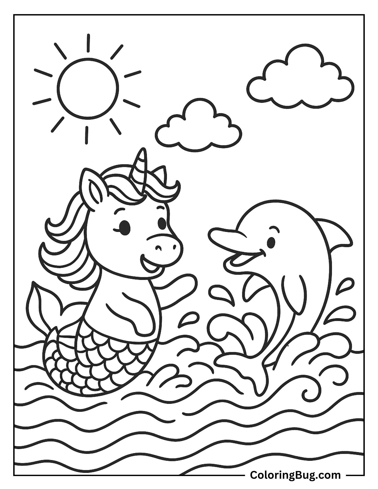 Mermaid Unicorn Playing With Dolphin Coloring Sheet