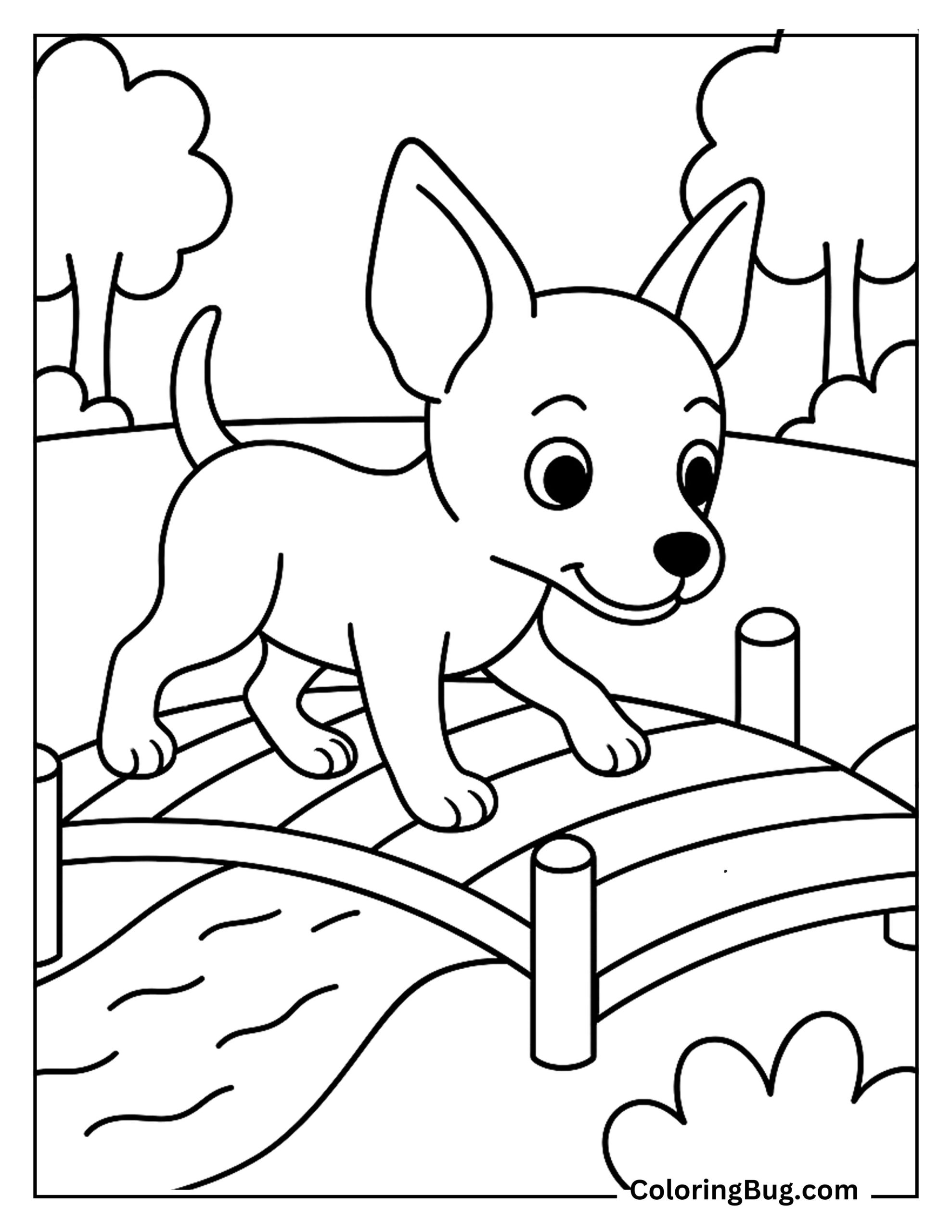 Miniature Pinscher Puppy Walking Over a Small Wooden Bridge coloring Sheet