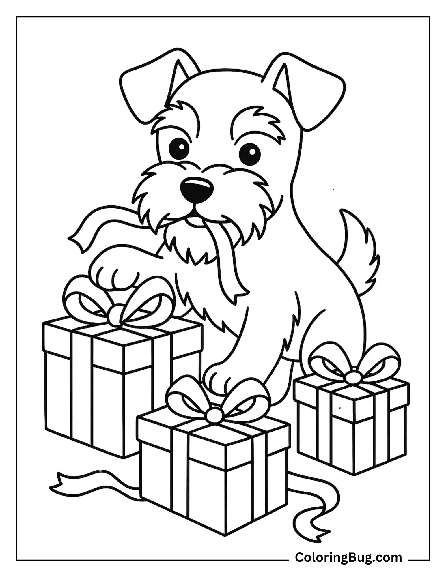 Miniature Schnauzer Puppy Helping Unwrap Gifts coloring Sheet