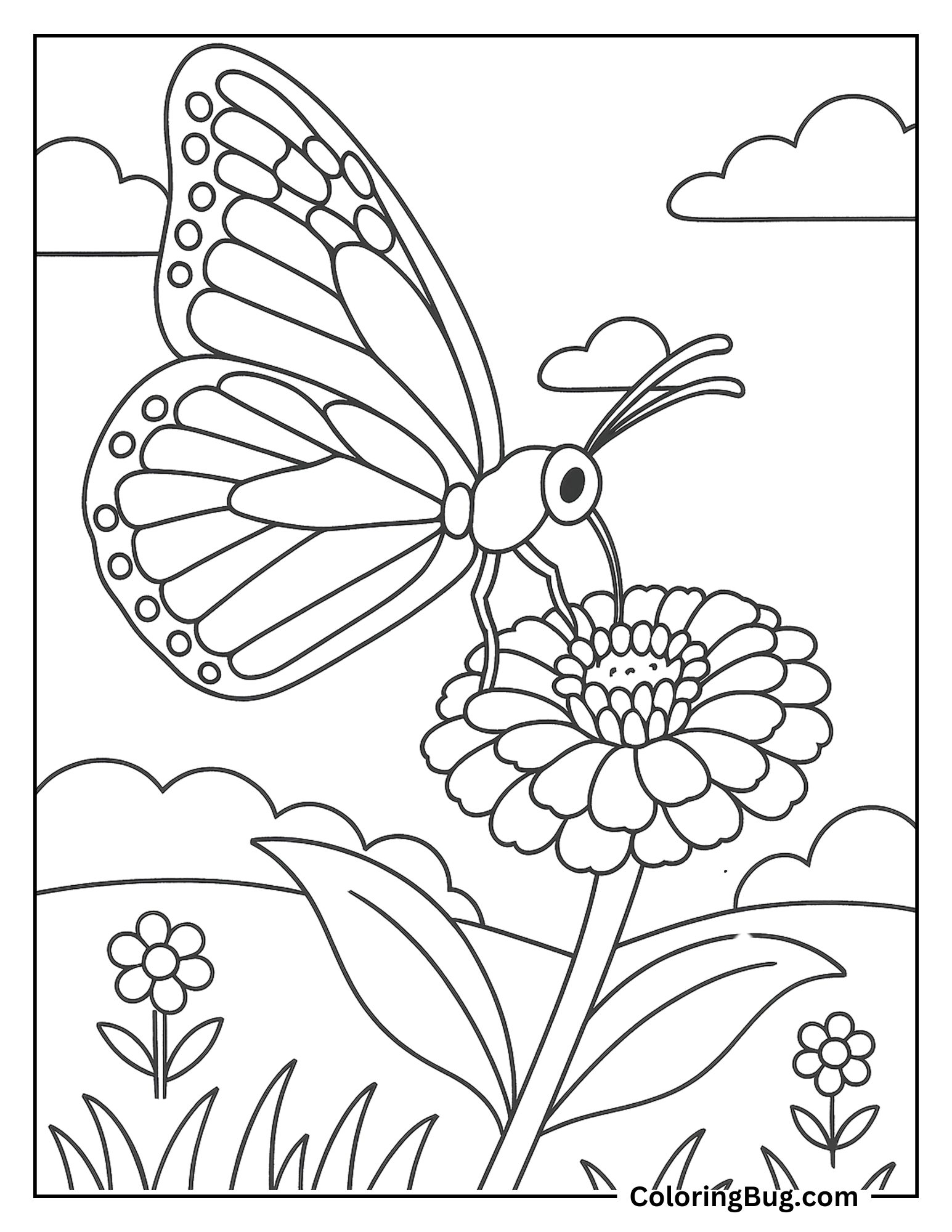 Monarch Butterfly Gathering Pollen From Zinnia Flower Coloring Sheet