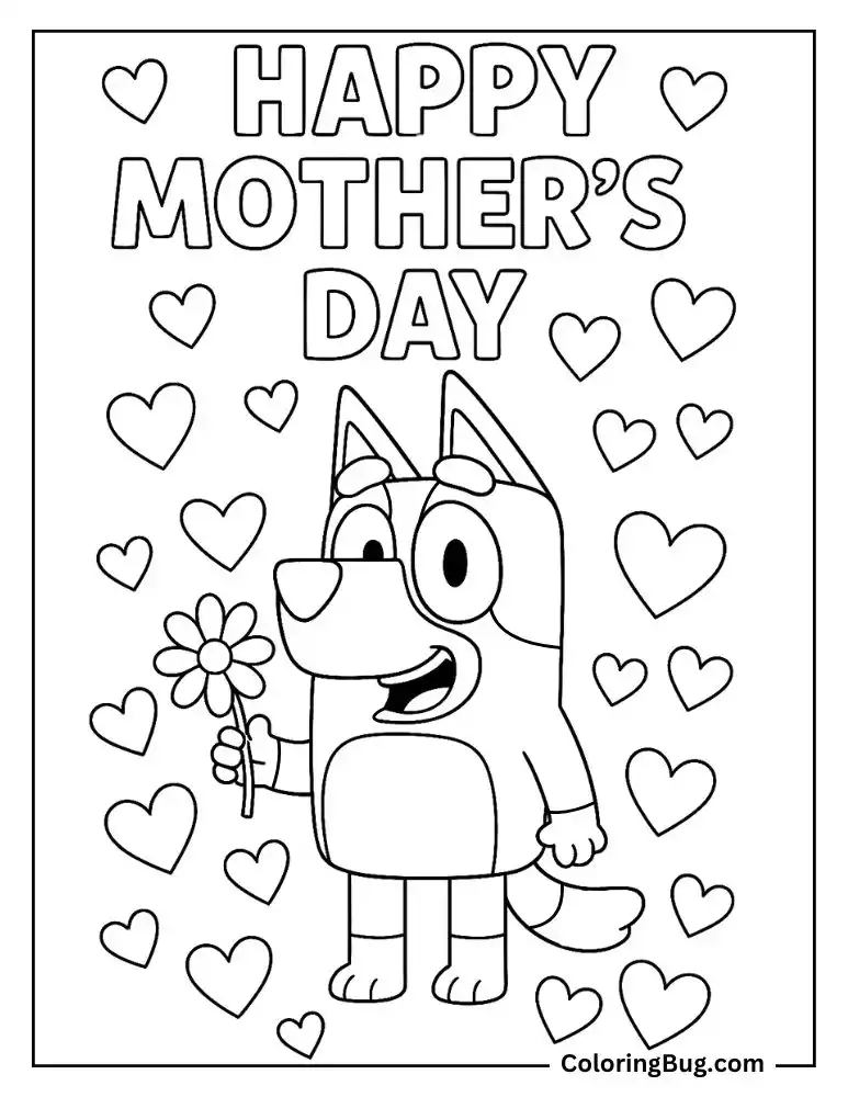 Mother's Day Bluey Surrounded By Hearts Coloring Page