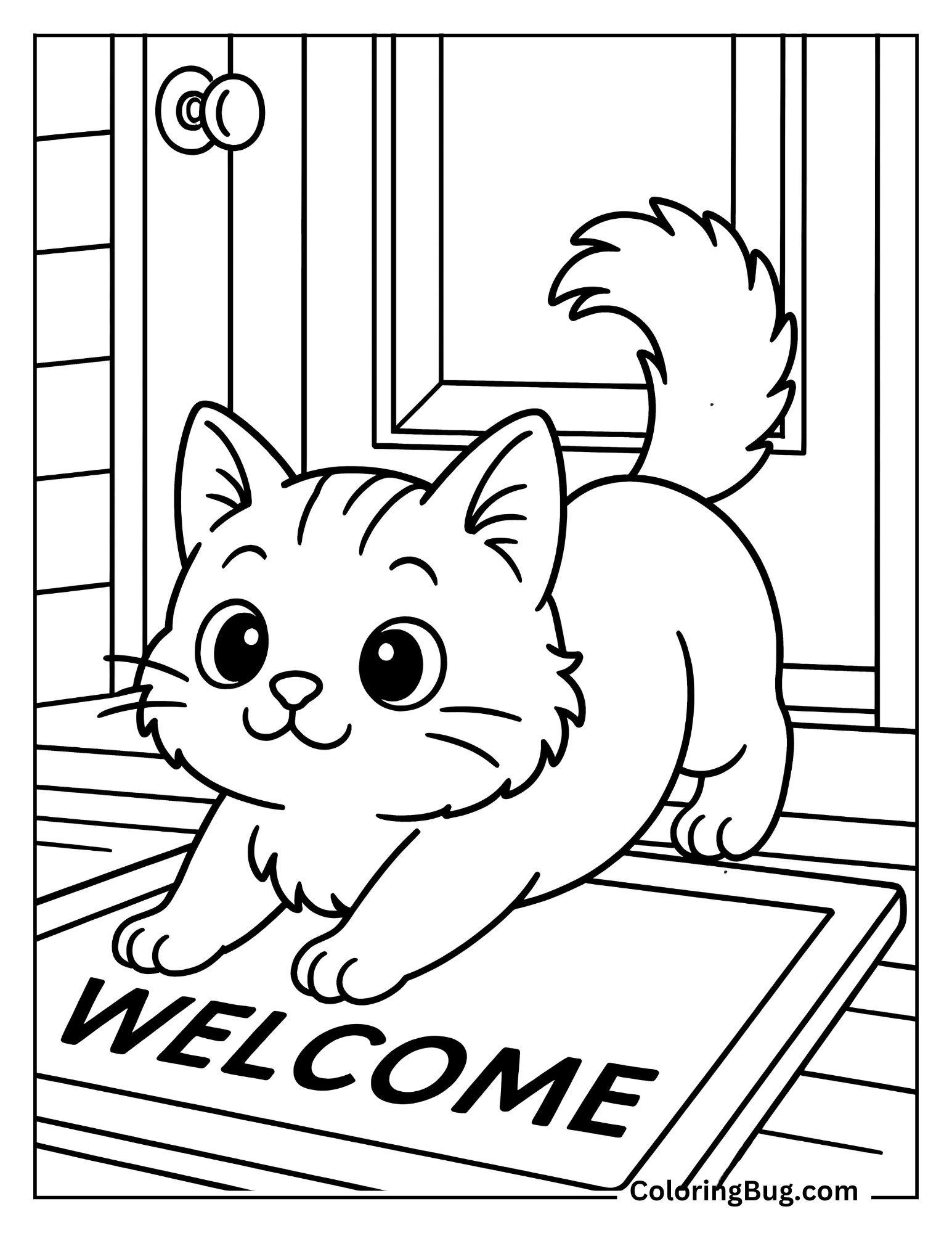 Munchkin Kitten Stretching on a Welcome Mat Coloring Sheet