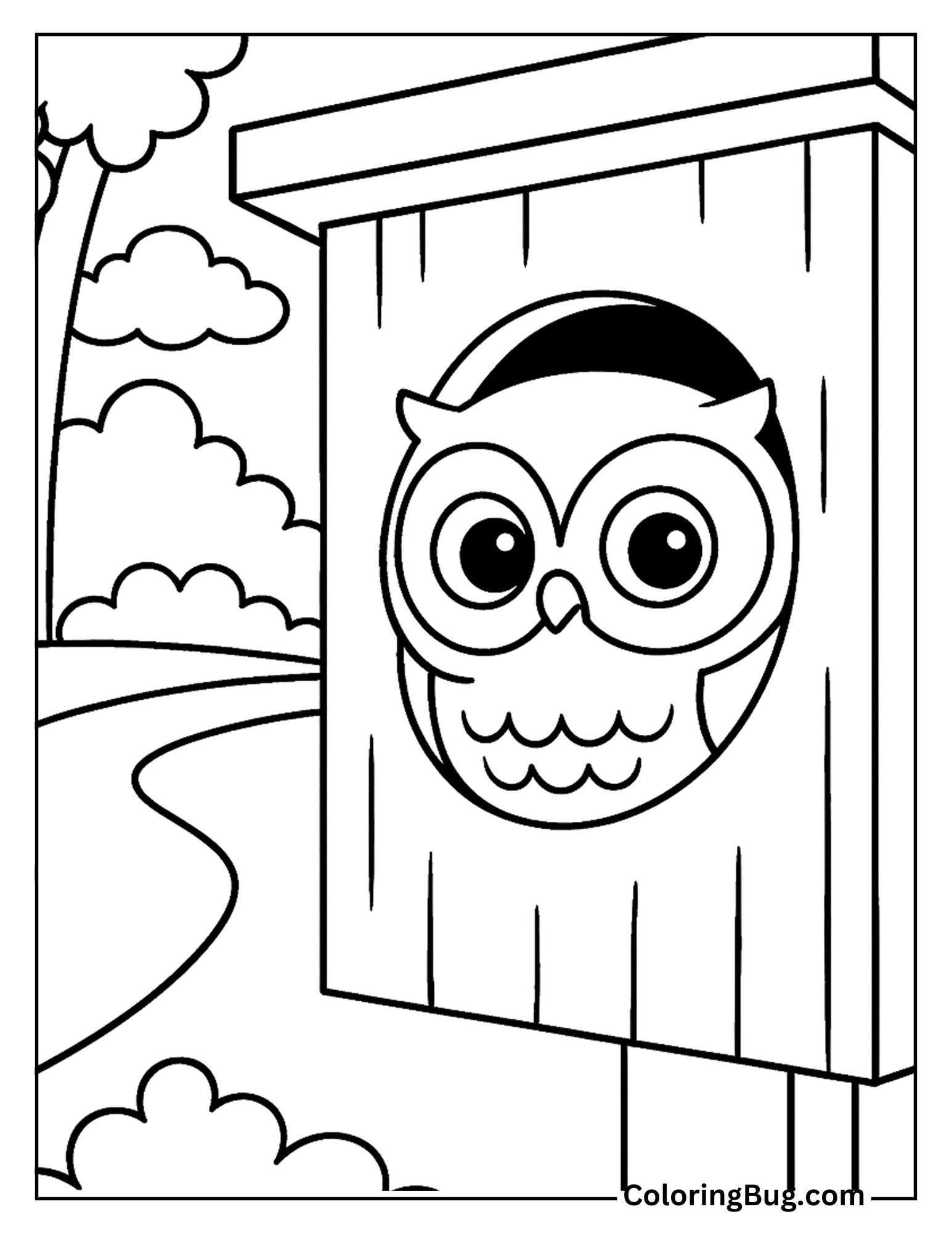 Owl Peeking Out of Bird House Coloring Sheet