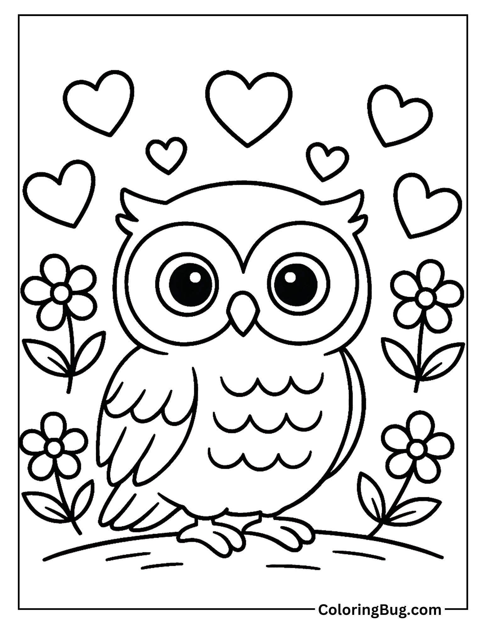 Owl Surrounded By Hearts And Flowers Coloring Sheet

