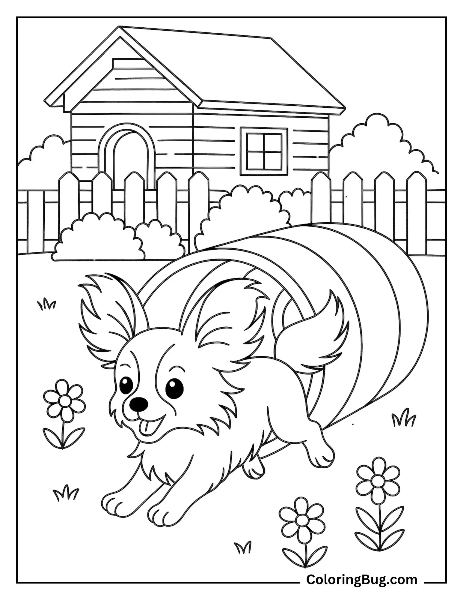 Papillon Puppy Running Through a Play Tunnel in the Backyard Coloring Sheet