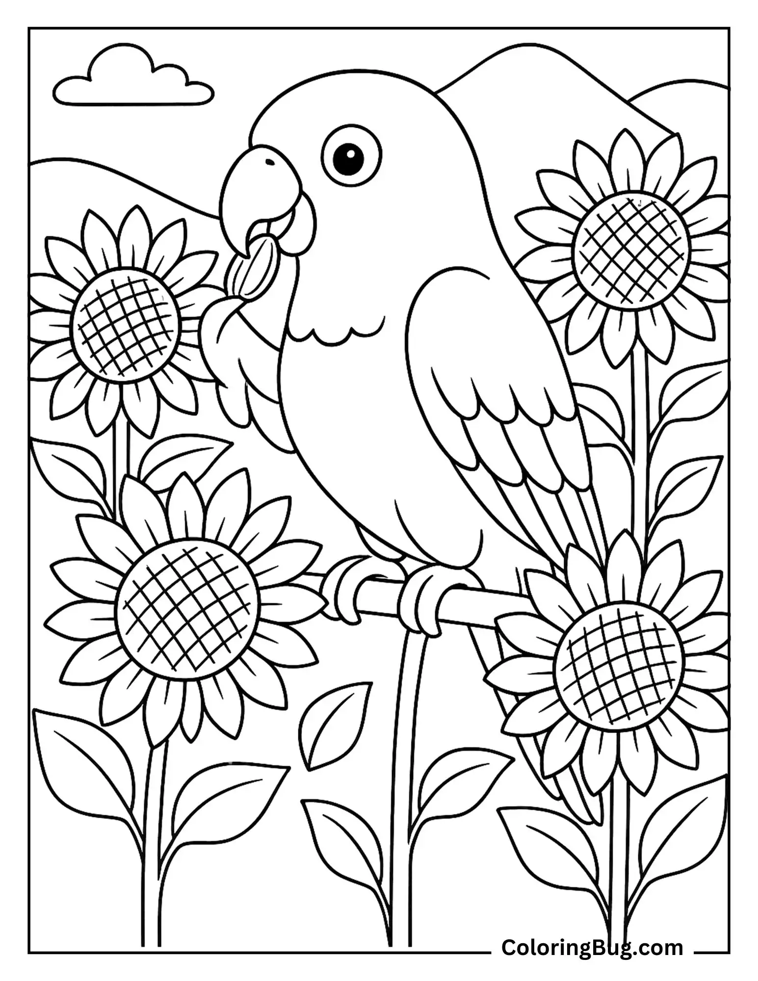 Parrot Cracking Open a Sunflower Seed Coloring Sheet
