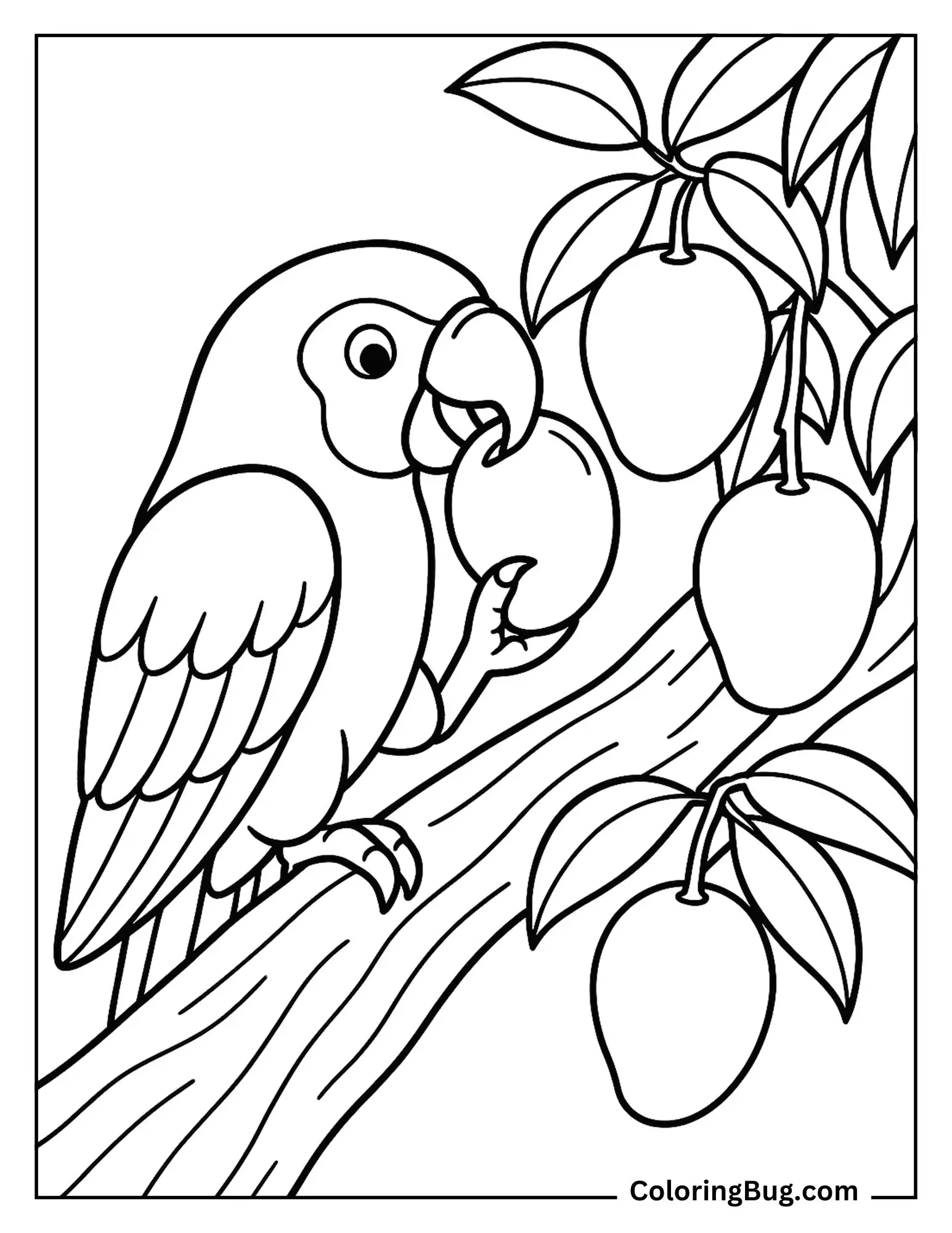 Parrot Eating a Mango From Tree Coloring Sheet