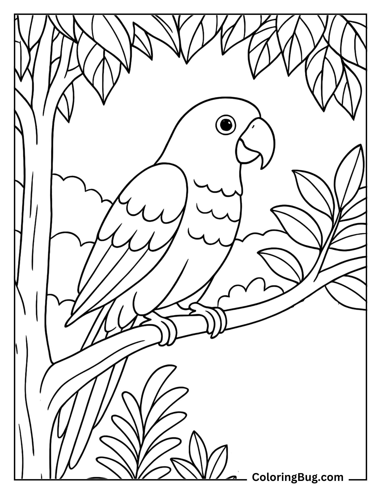 Parrot Sitting on Tree In Lush Jungle Coloring Sheet