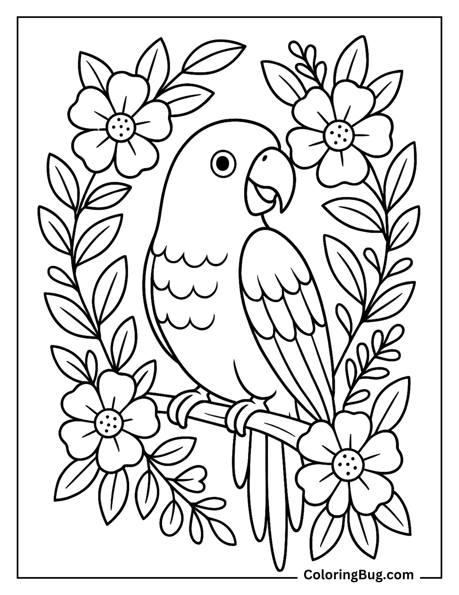 Parrot With Flowers Coloring Sheet