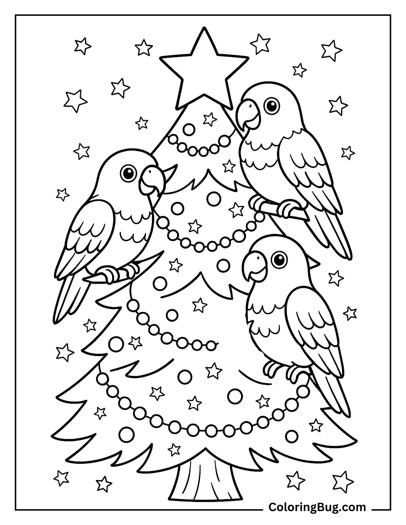Parrots on Christmas Tree Coloring Sheet