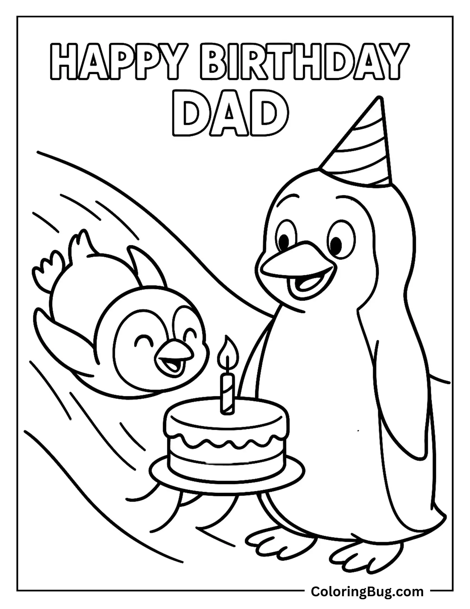 Penguin Chick Sliding with a Cake Toward a Penguin Dad Coloring Sheet