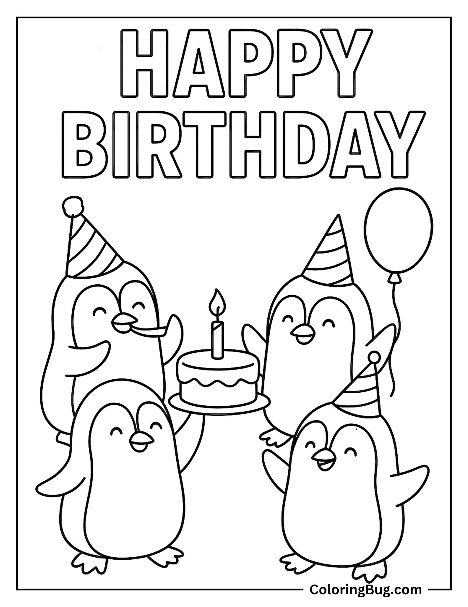 Penguins Celebrating Birthday Coloring Sheet
