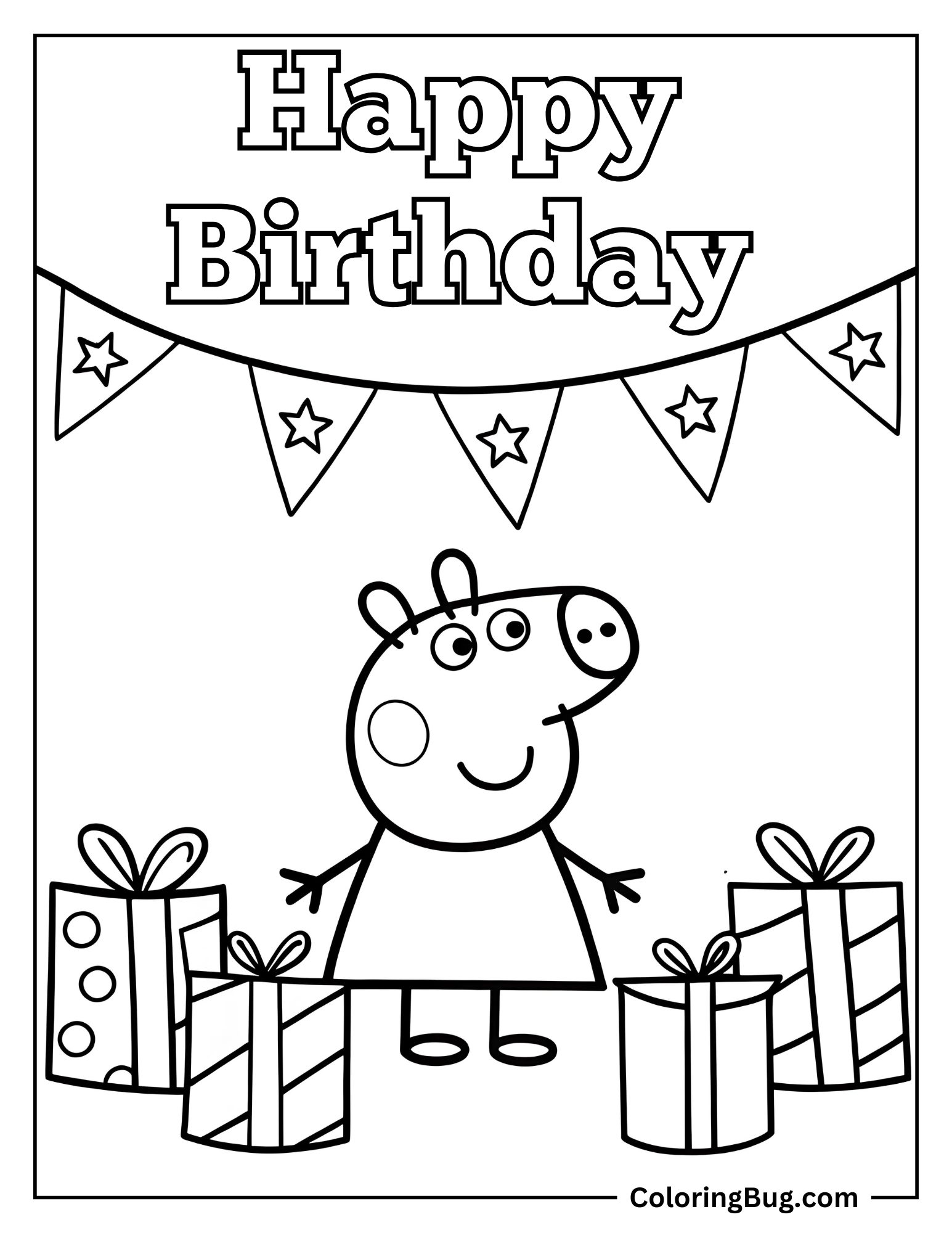 Peppa Pig Surrounded by Birthday Presents and Streamers Coloring Sheet