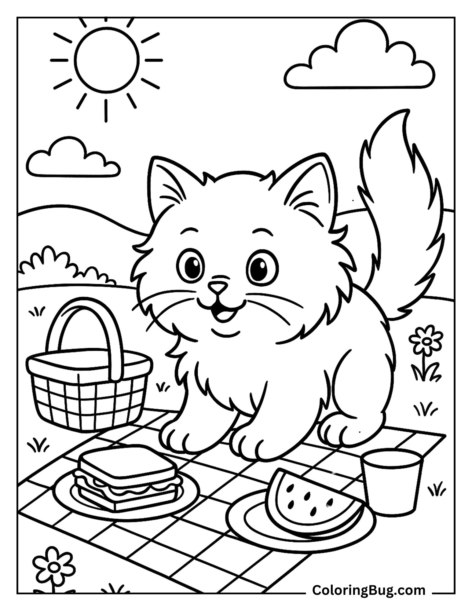 Persian Kitten Having Picnic Meadow coloring Sheet