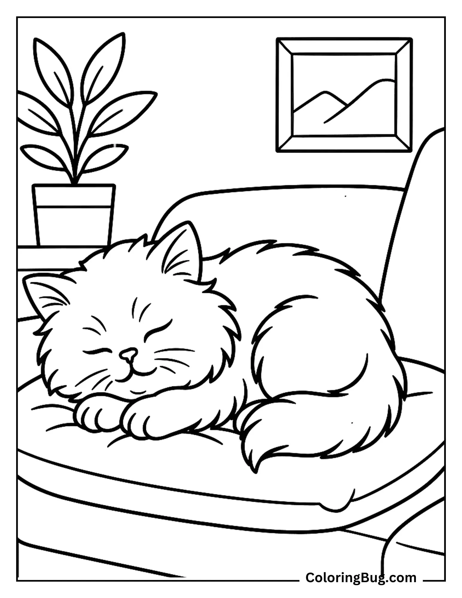Persian Kitten Sleeping on a Soft Cushion coloring Sheet