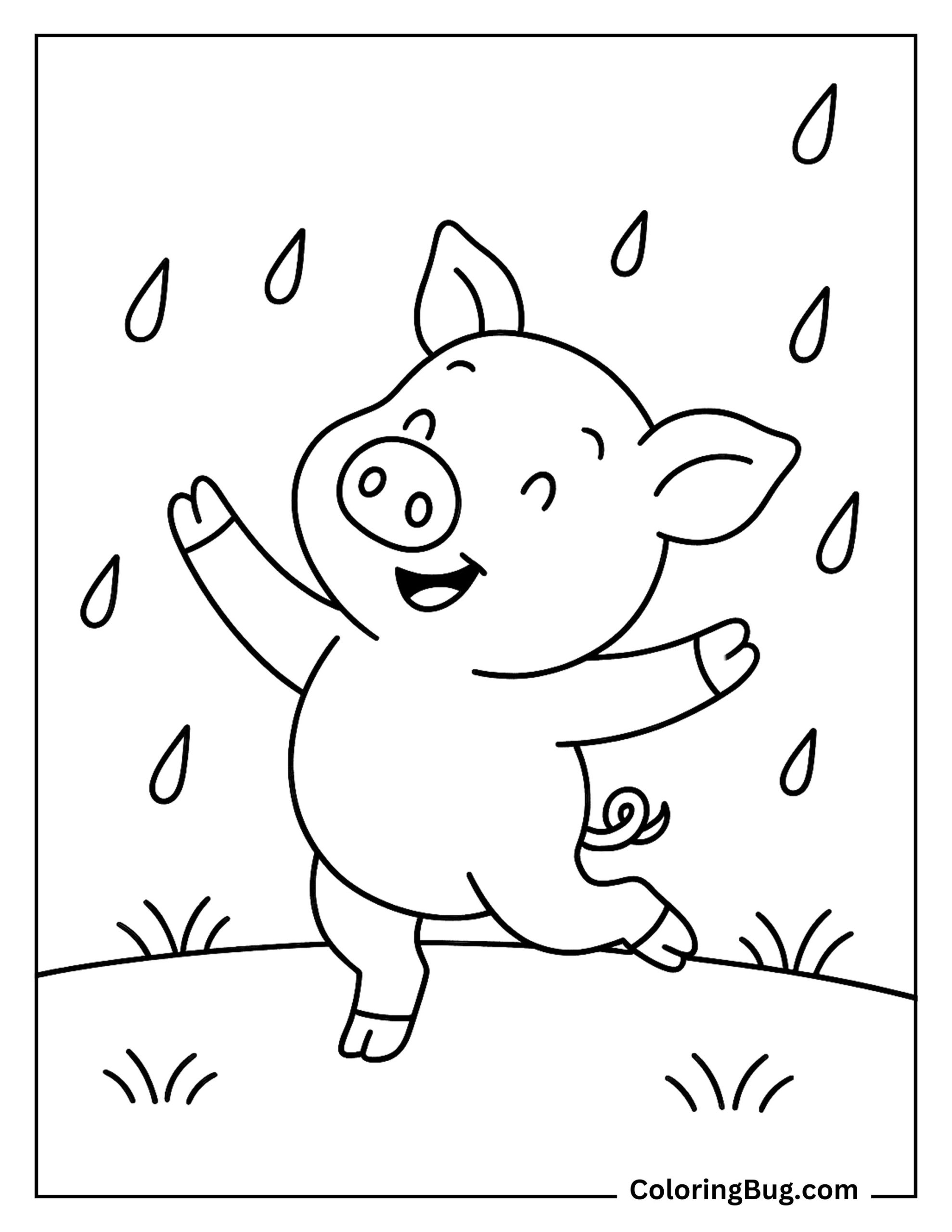 Pig Enjoying Rain Coloring Sheet