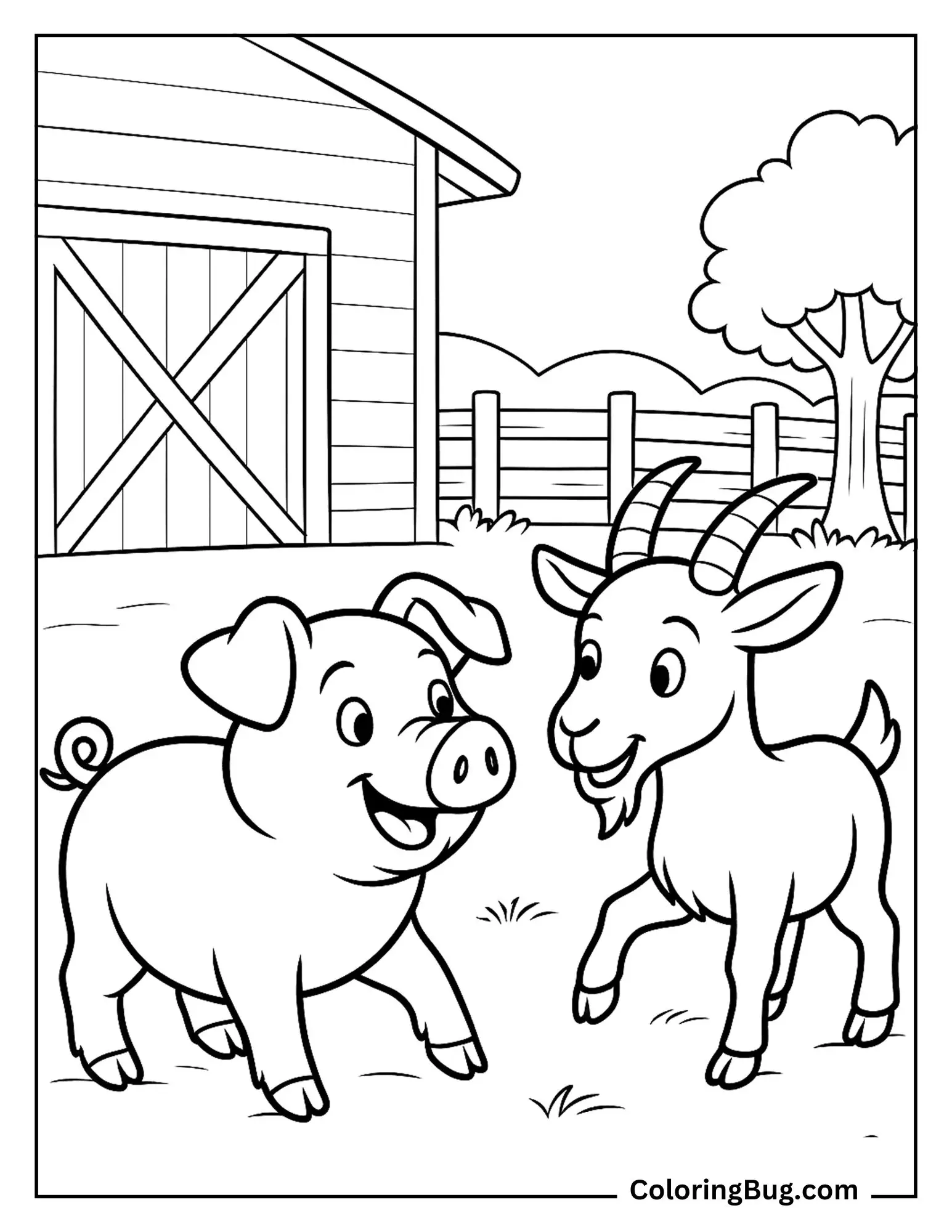 Pig Playing With Goat in Barnyard Coloring Sheet